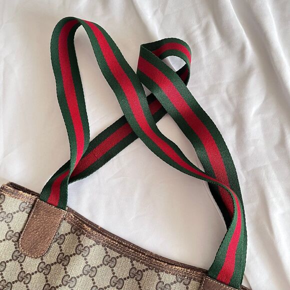 Vintage Gucci Sherry Line GUCCI GG Plus Tote Bag Leather Brown Beige Red Green - Picture 3 of 12